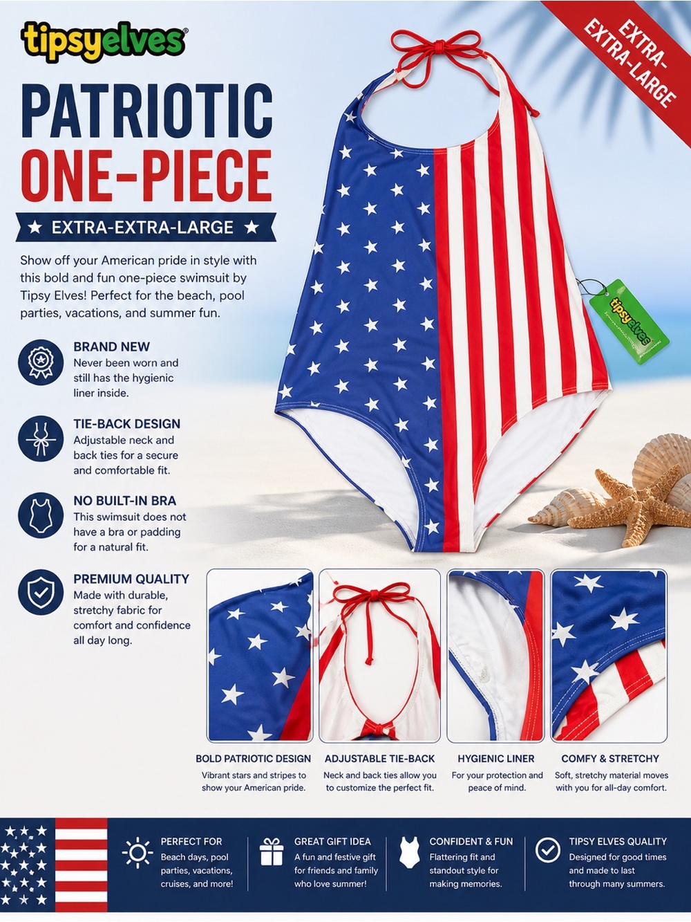 Tipsy Elves Kids Patriotic One-Piece Swimsuit - Red, White & Blue